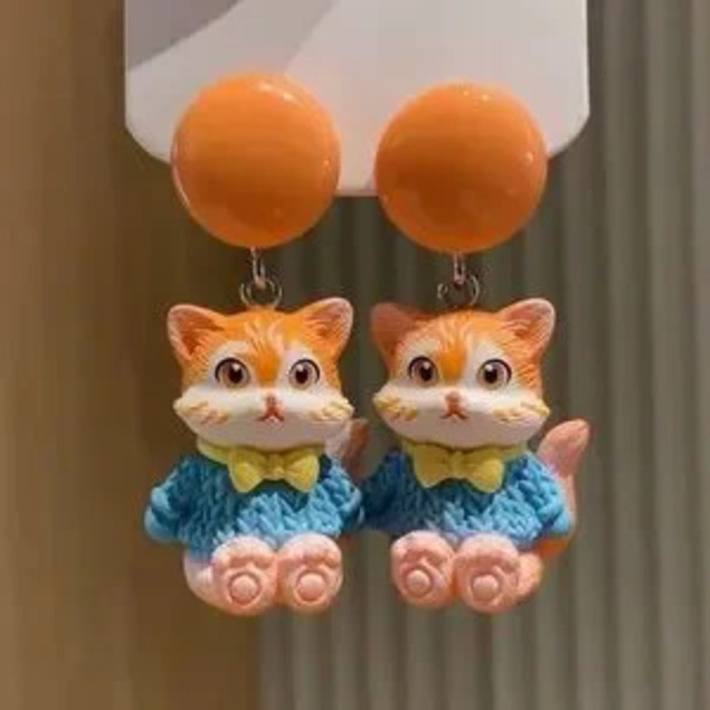 Pair of Playful Cute Cartoon Kitten Cat Resin Earrings Mushrooms